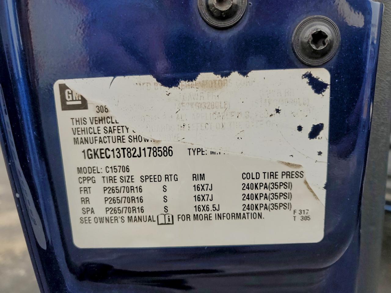 2002 GMC Yukon VIN: 1GKEC13T82J178586 Lot: 94221235