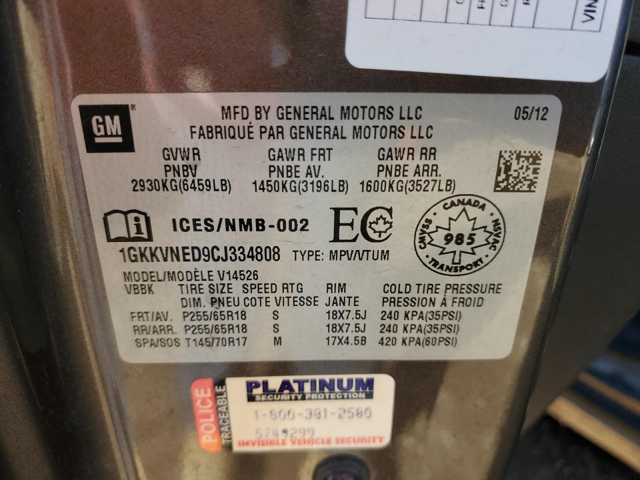 2012 GMC Acadia Sle VIN: 1GKKVNED9CJ334808 Lot: 92617045