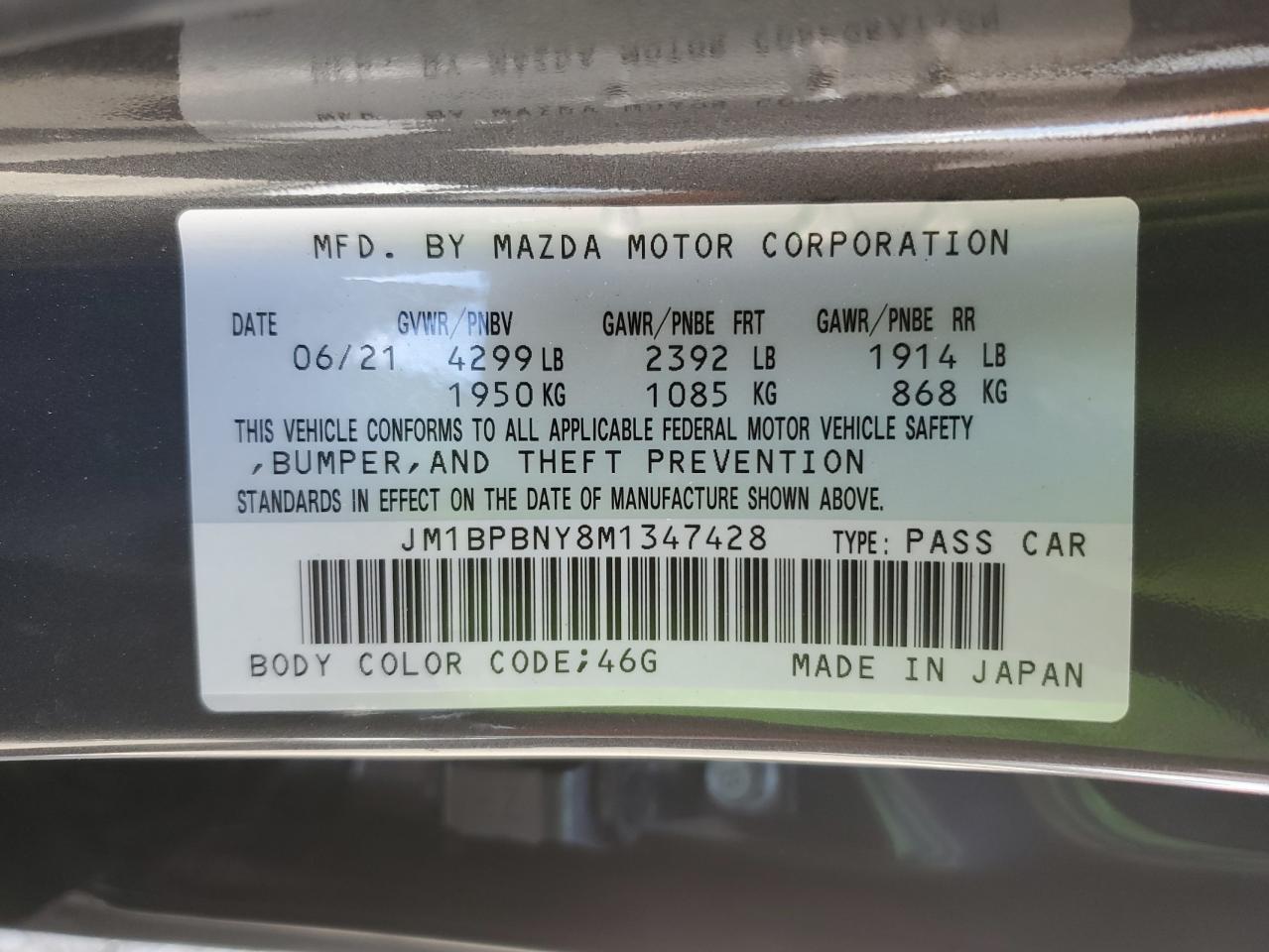 2021 Mazda 3 Premium Plus VIN: JM1BPBNY8M1347428 Lot: 93493065