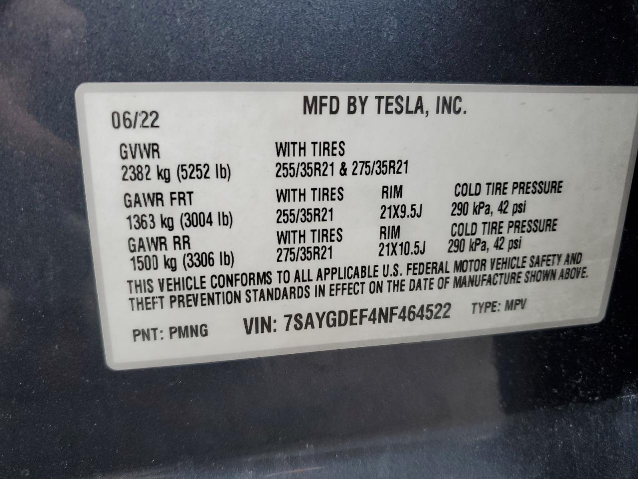 2022 Tesla Model Y VIN: 7SAYGDEF4NF464522 Lot: 91775895