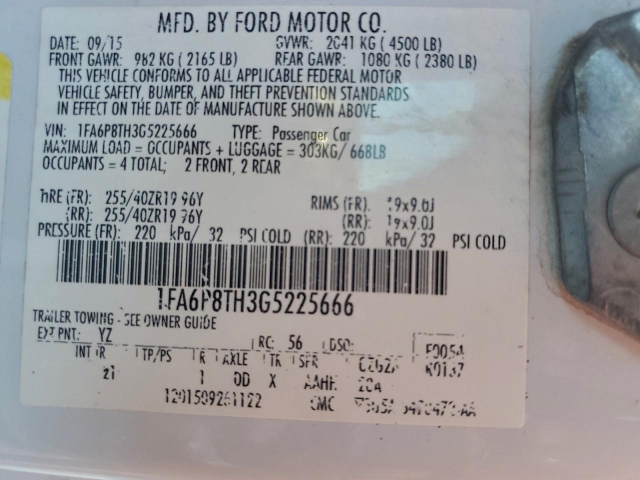 2016 Ford Mustang VIN: 1FA6P8TH3G5225666 Lot: 94758175