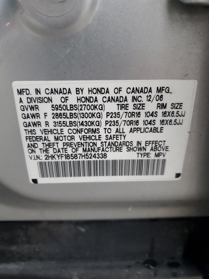 2007 Honda Pilot Exl VIN: 2HKYF18587H524338 Lot: 93222685