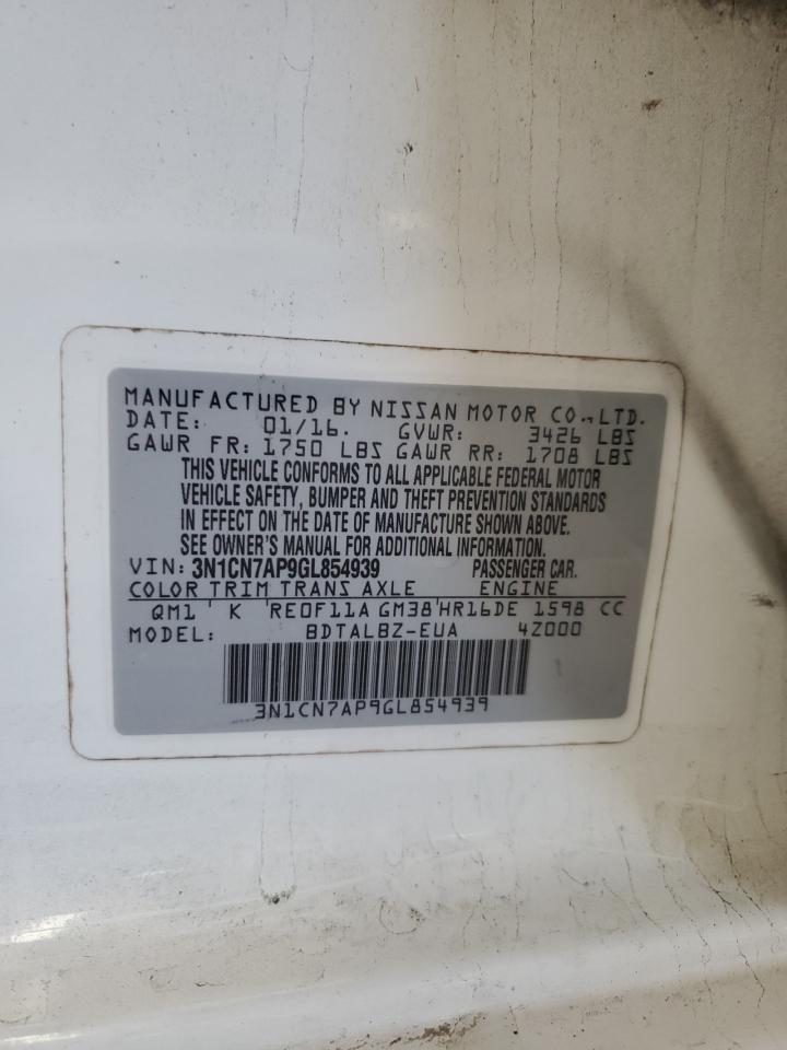 2016 Nissan Versa S VIN: 3N1CN7AP9GL854939 Lot: 91096485