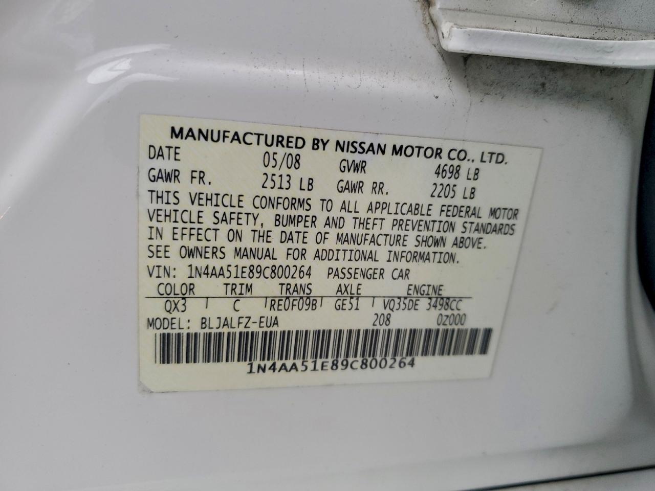 2009 Nissan Maxima S VIN: 1N4AA51E89C800264 Lot: 92264705