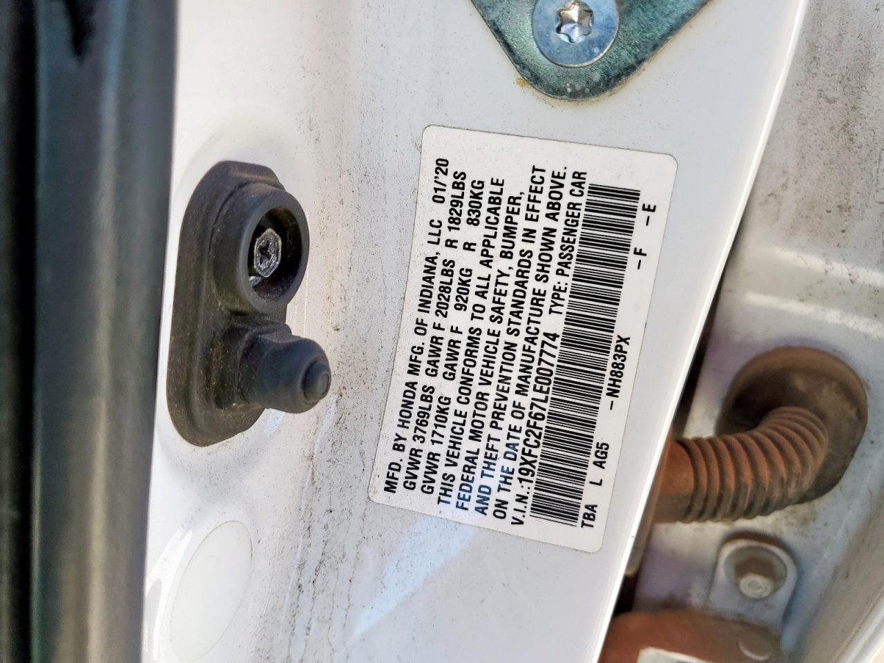 2020 Honda Civic Lx VIN: 19XFC2F67LE007774 Lot: 91791545