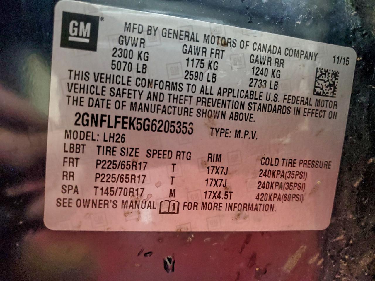 2016 Chevrolet Equinox Lt VIN: 2GNFLFEK5G6205353 Lot: 93756435