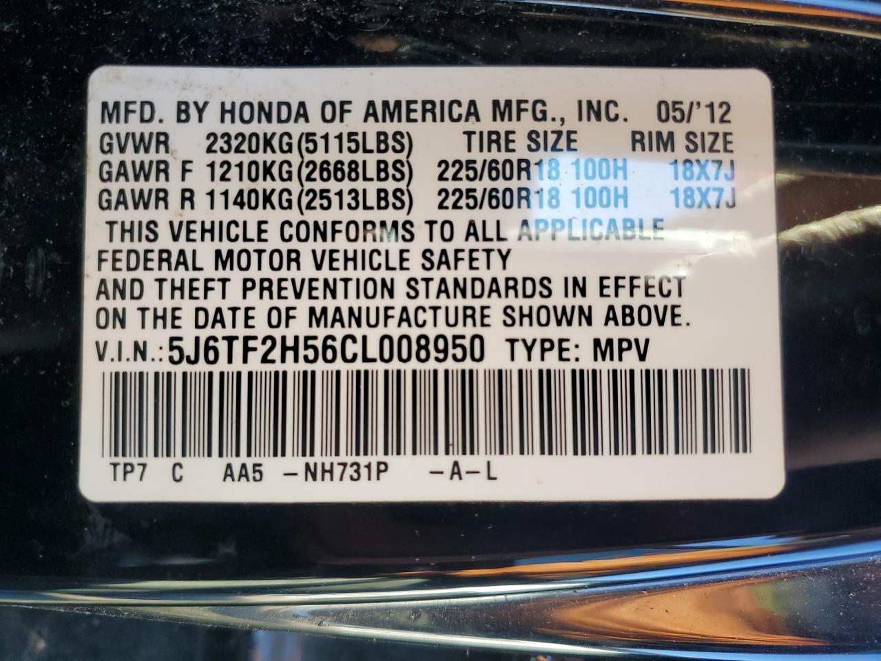 2012 Honda Crosstour Exl VIN: 5J6TF2H56CL008950 Lot: 93897005