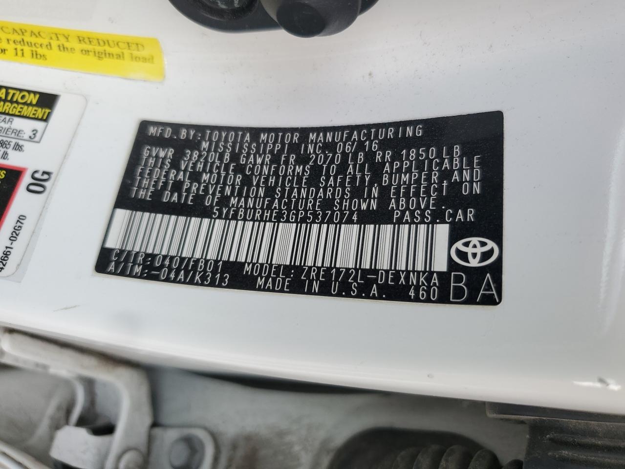 2016 Toyota Corolla L VIN: 5YFBURHE3GP537074 Lot: 93104755