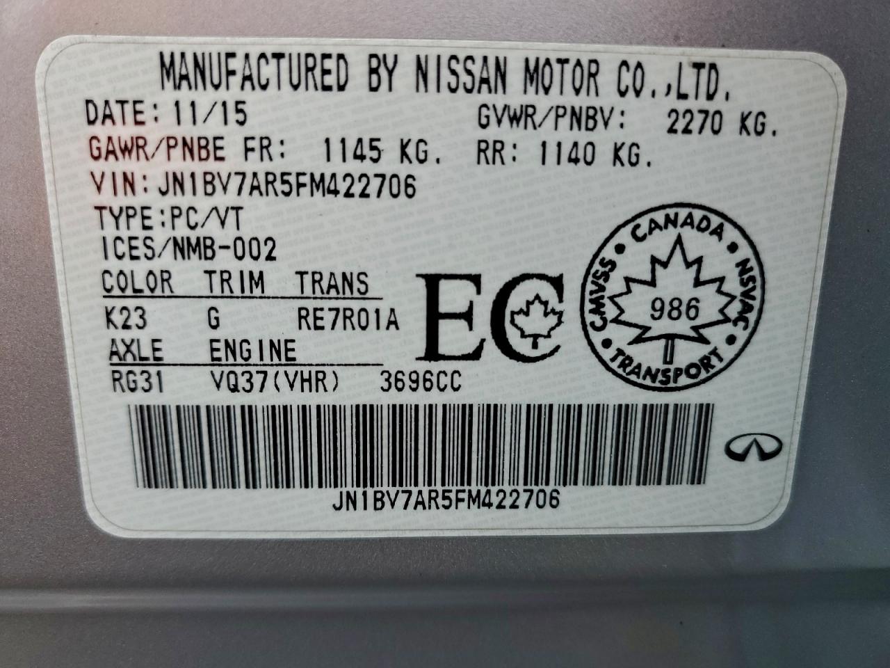 2015 Infiniti Q50 Base VIN: JN1BV7AR5FM422706 Lot: 93259435