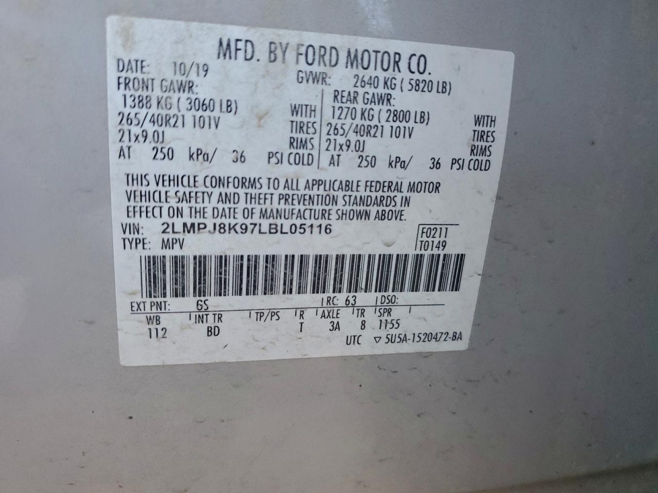 2020 Lincoln Nautilus Reserve VIN: 2LMPJ8K97LBL05116 Lot: 94079395