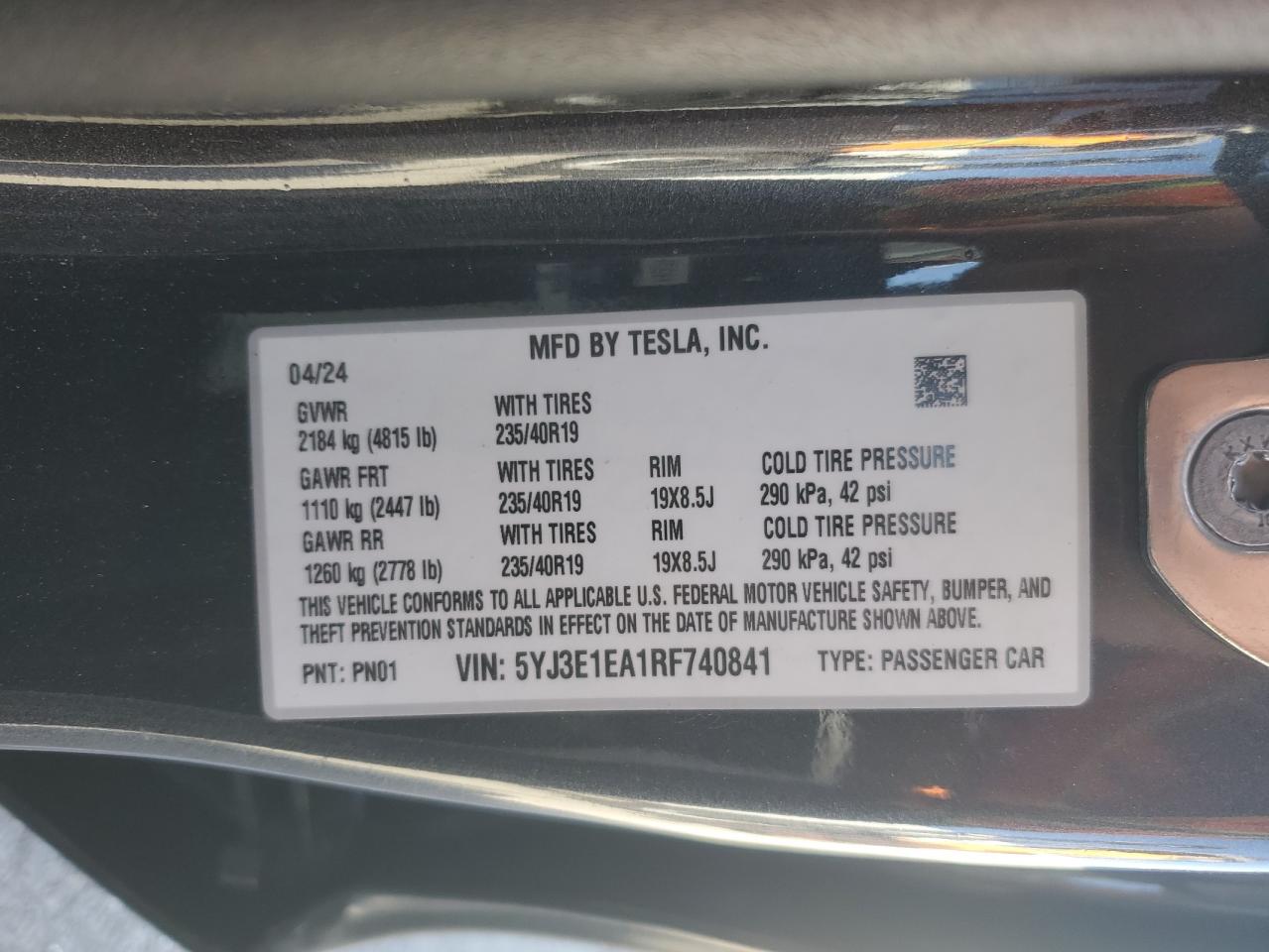 2024 Tesla Model 3 VIN: 5YJ3E1EA1RF740841 Lot: 91134975
