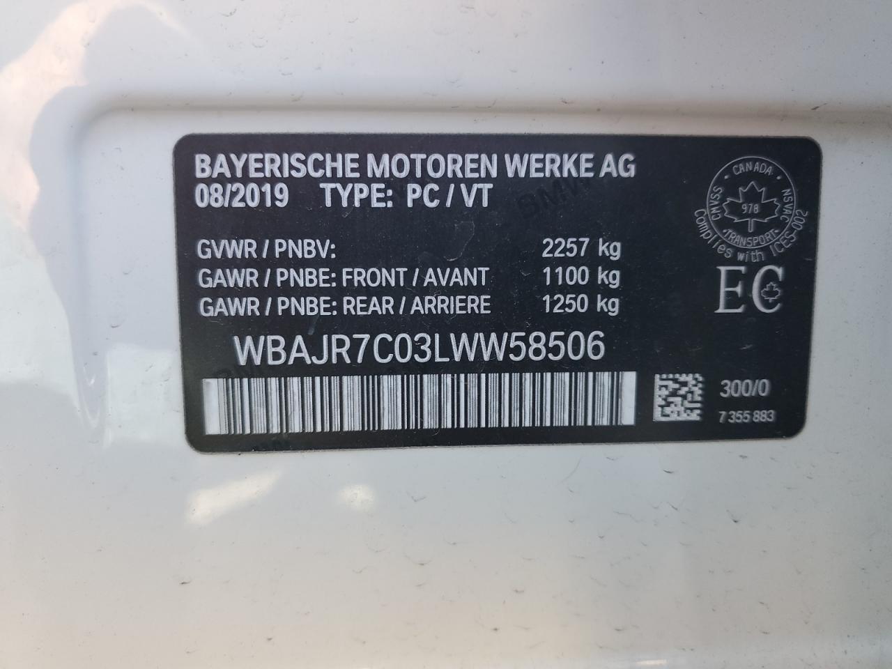 2020 BMW 530 Xi VIN: WBAJR7C03LWW58506 Lot: 92439485