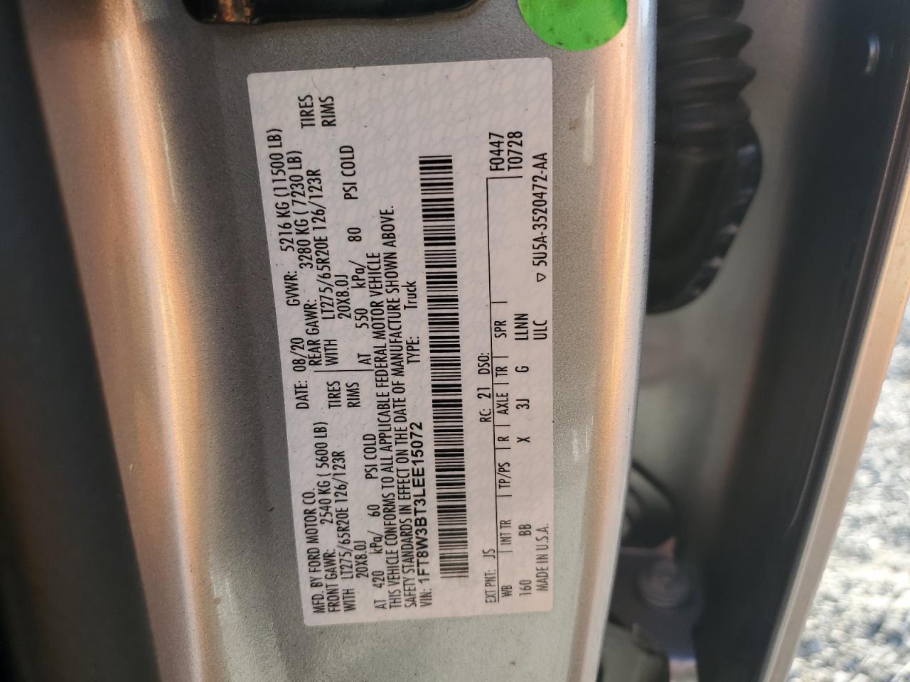 2020 Ford F350 Super Duty VIN: 1FT8W3BT3LEE15072 Lot: 91679815