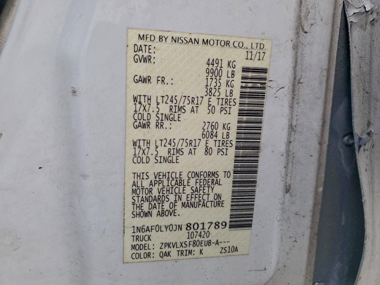 2018 Nissan Nv 2500 S VIN: 1N6AF0LY0JN801789 Lot: 94053395