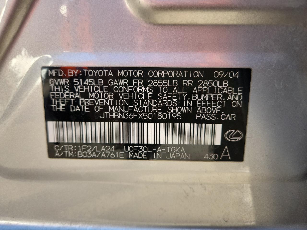 2005 Lexus Ls 430 VIN: JTHBN36FX50180195 Lot: 92205225