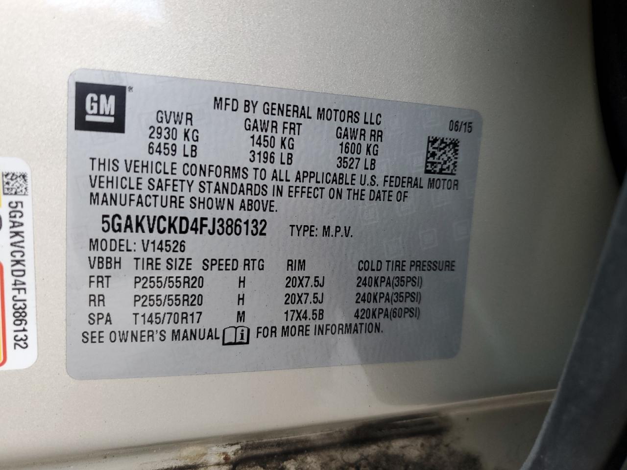 2015 Buick Enclave VIN: 5GAKVCKD4FJ386132 Lot: 91407785