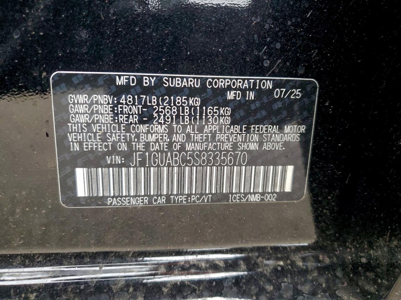 2025 Subaru Impreza VIN: JF1GUABC5S8335670 Lot: 94051905