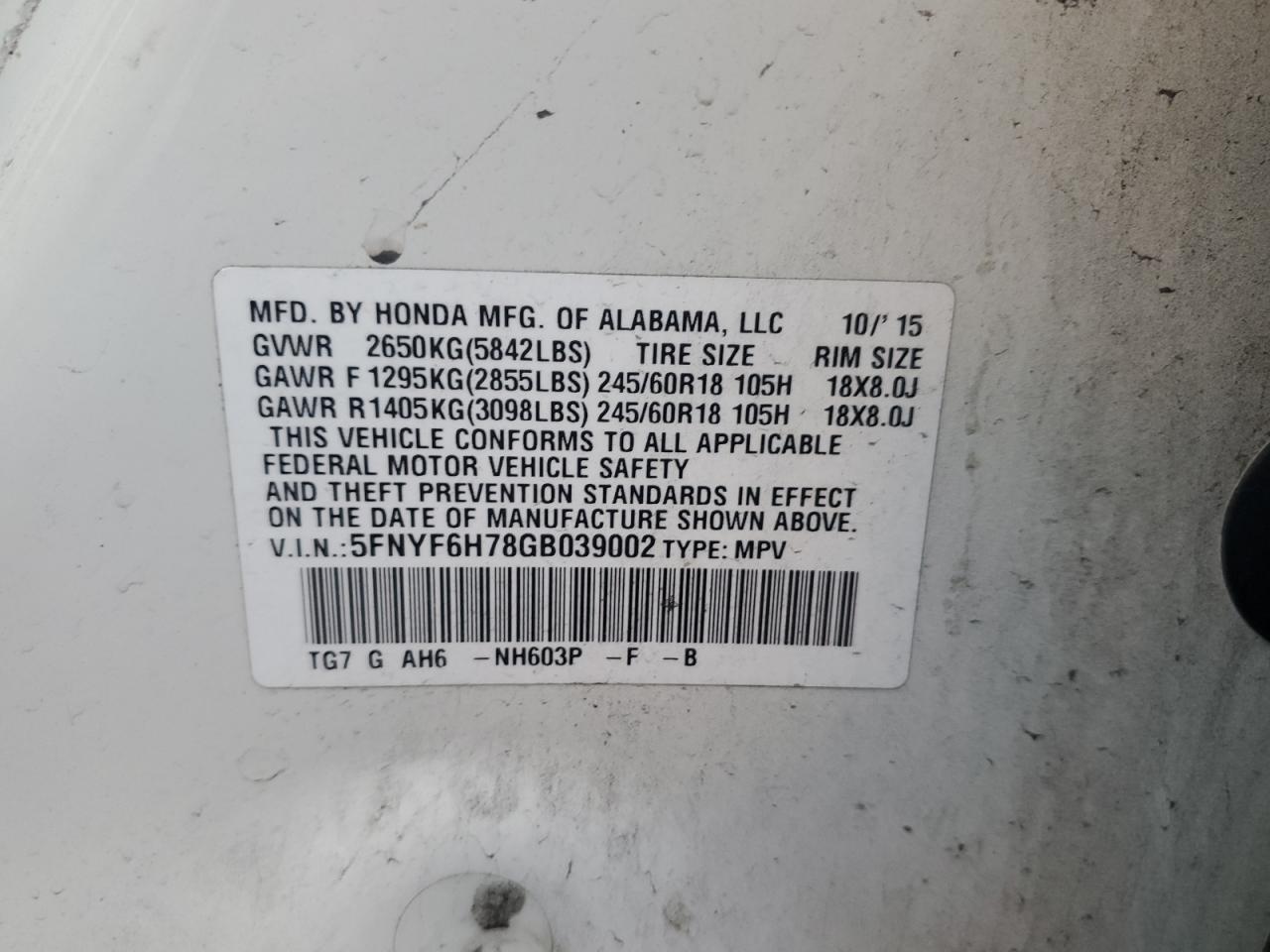 2016 Honda Pilot Exln VIN: 5FNYF6H78GB039002 Lot: 91774545