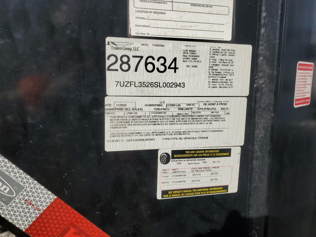 2025 Kaufman Car Carrier VIN: 7UZFL3526SL002943 Lot: 91571745