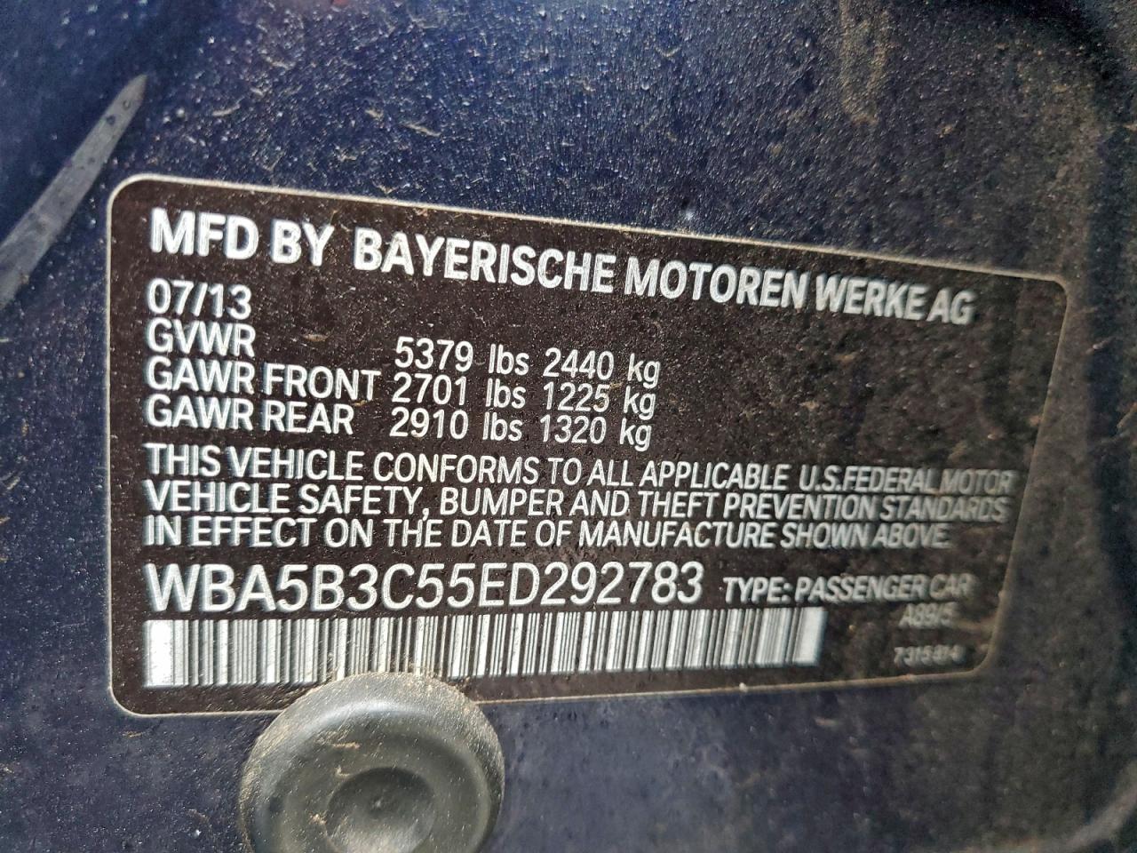 2014 BMW 535 Xi VIN: WBA5B3C55ED292783 Lot: 93773785