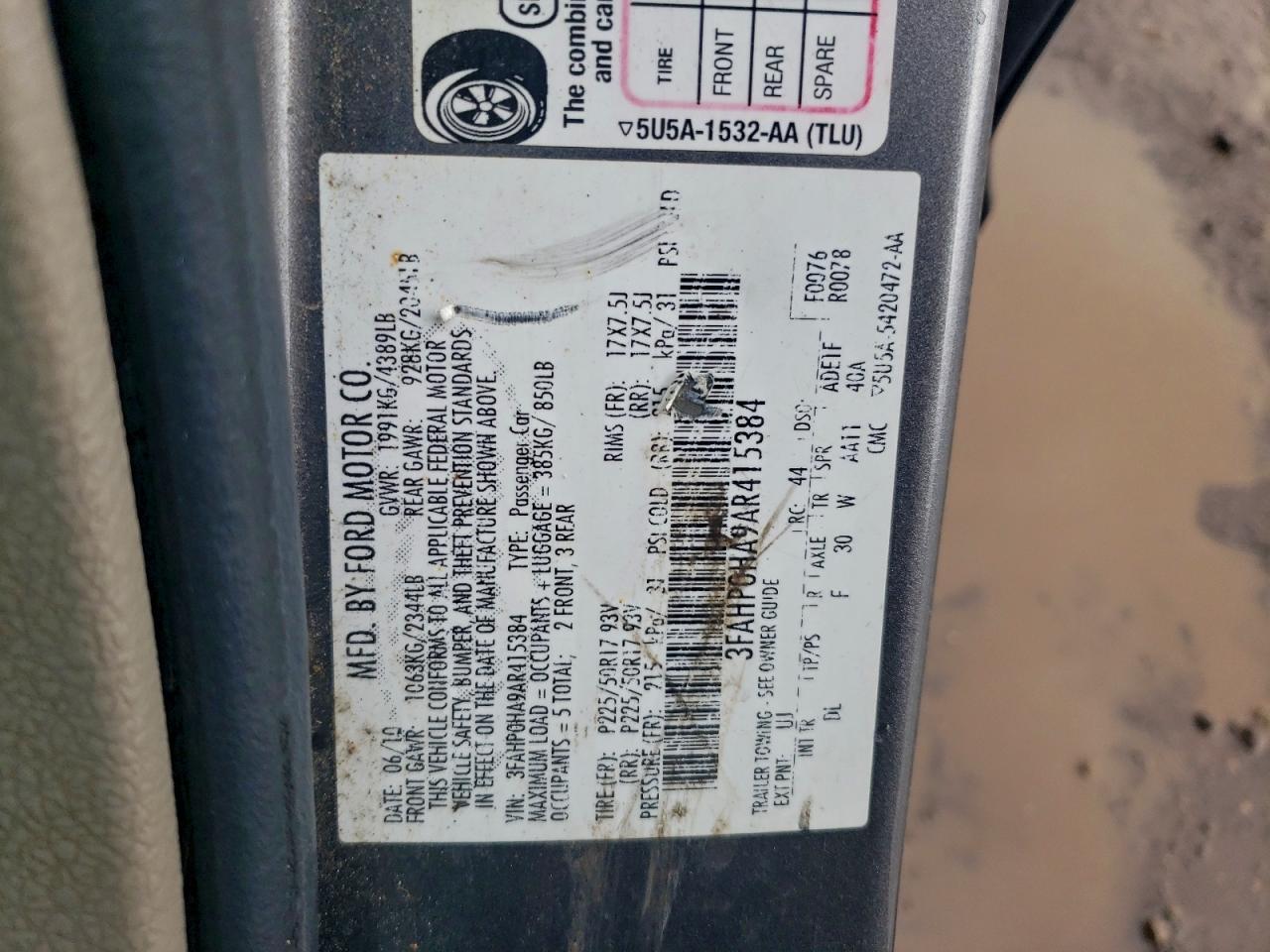 2010 Ford Fusion Se VIN: 3FAHP0HA9AR415384 Lot: 94738315