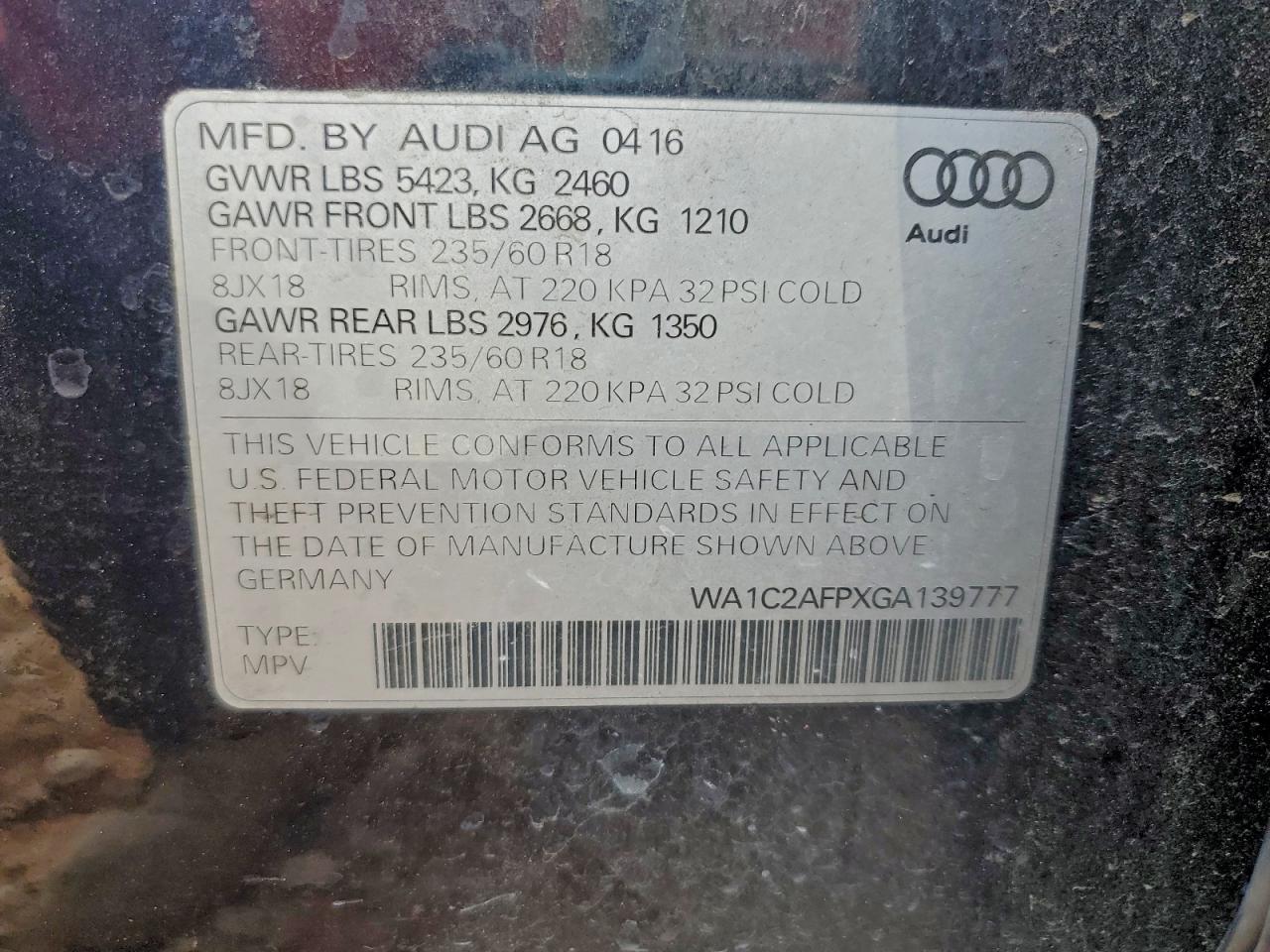 2016 Audi Q5 Premium VIN: WA1C2AFPXGA139777 Lot: 93814615