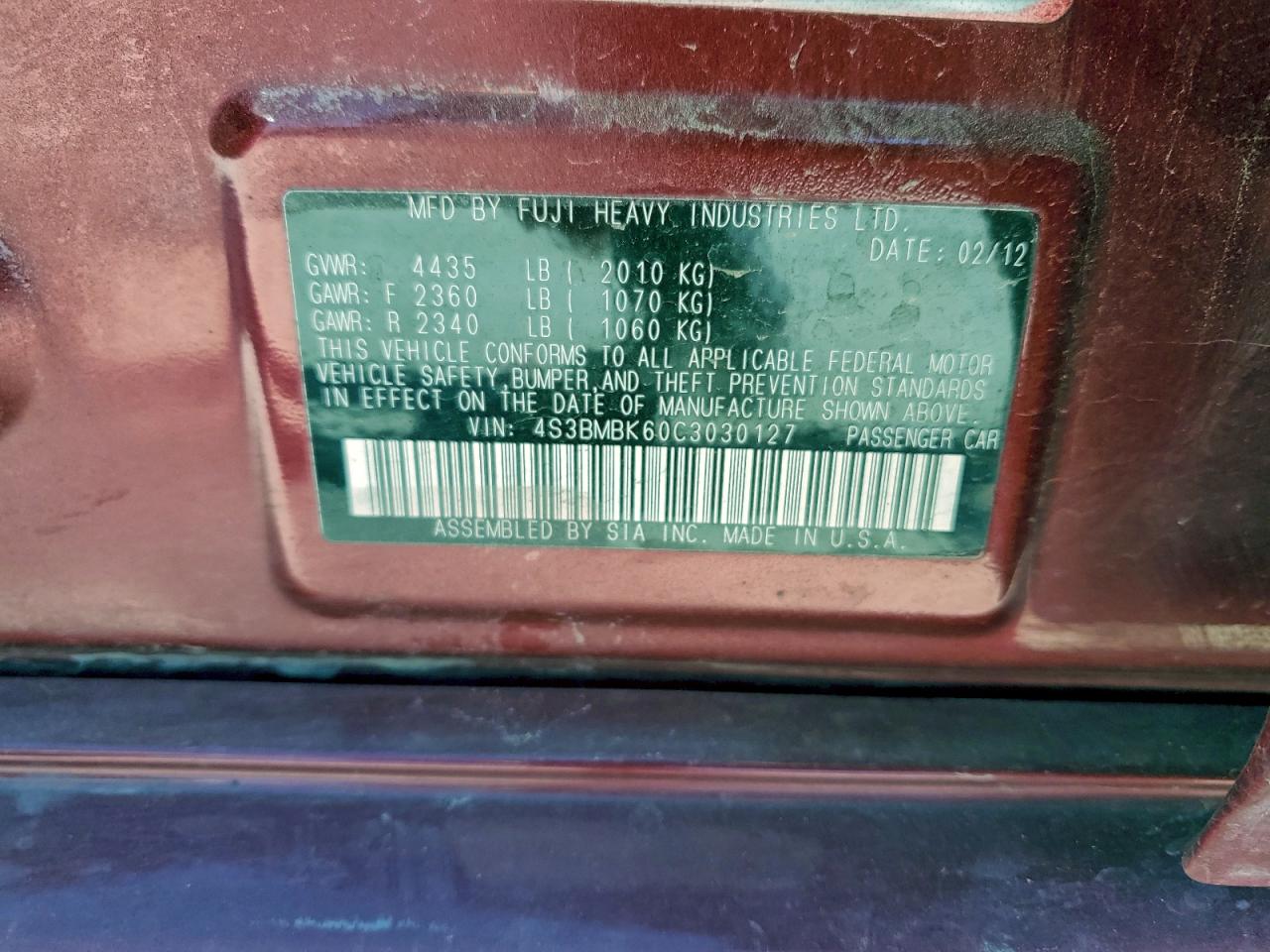 2012 Subaru Legacy 2.5I Limited VIN: 4S3BMBK60C3030127 Lot: 94502295