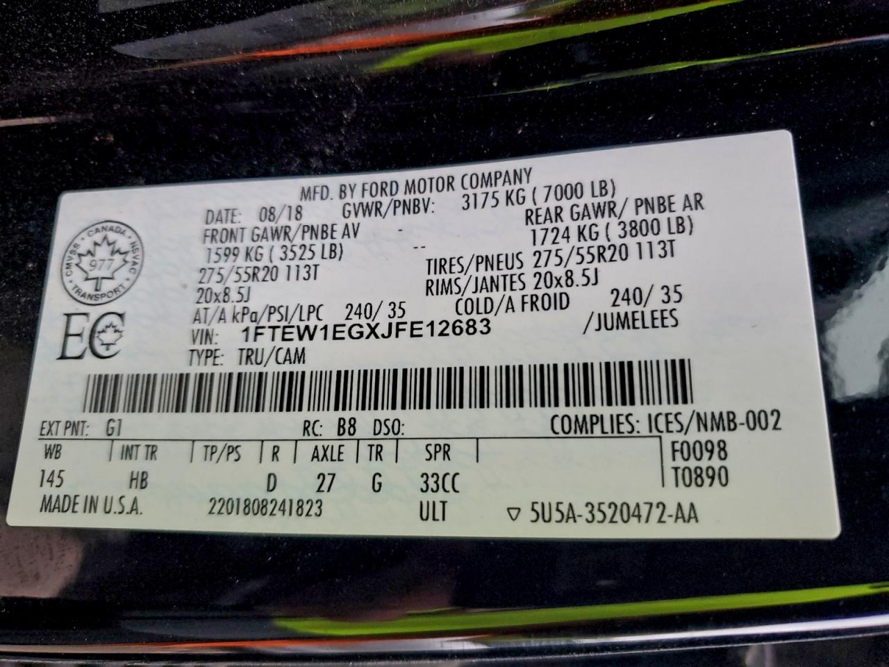 2018 Ford F150 Supercrew VIN: 1FTEW1EGXJFE12683 Lot: 94262375