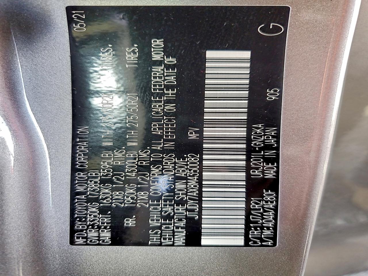 2021 Lexus Lx 570 VIN: JTJDY7AX8M4350082 Lot: 92756375