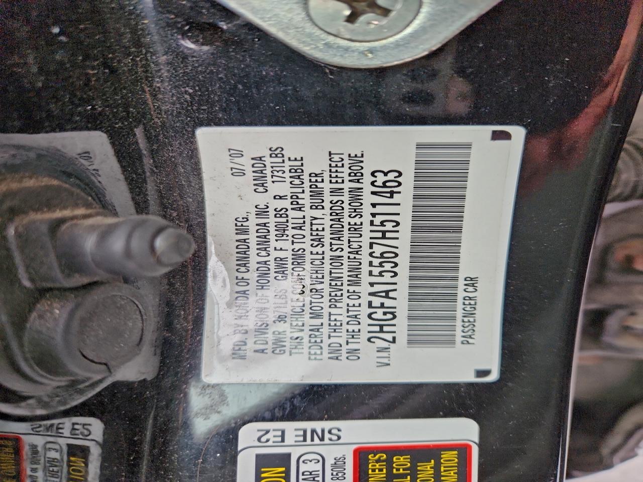 2007 Honda Civic Lx VIN: 2HGFA15567H511463 Lot: 82752515