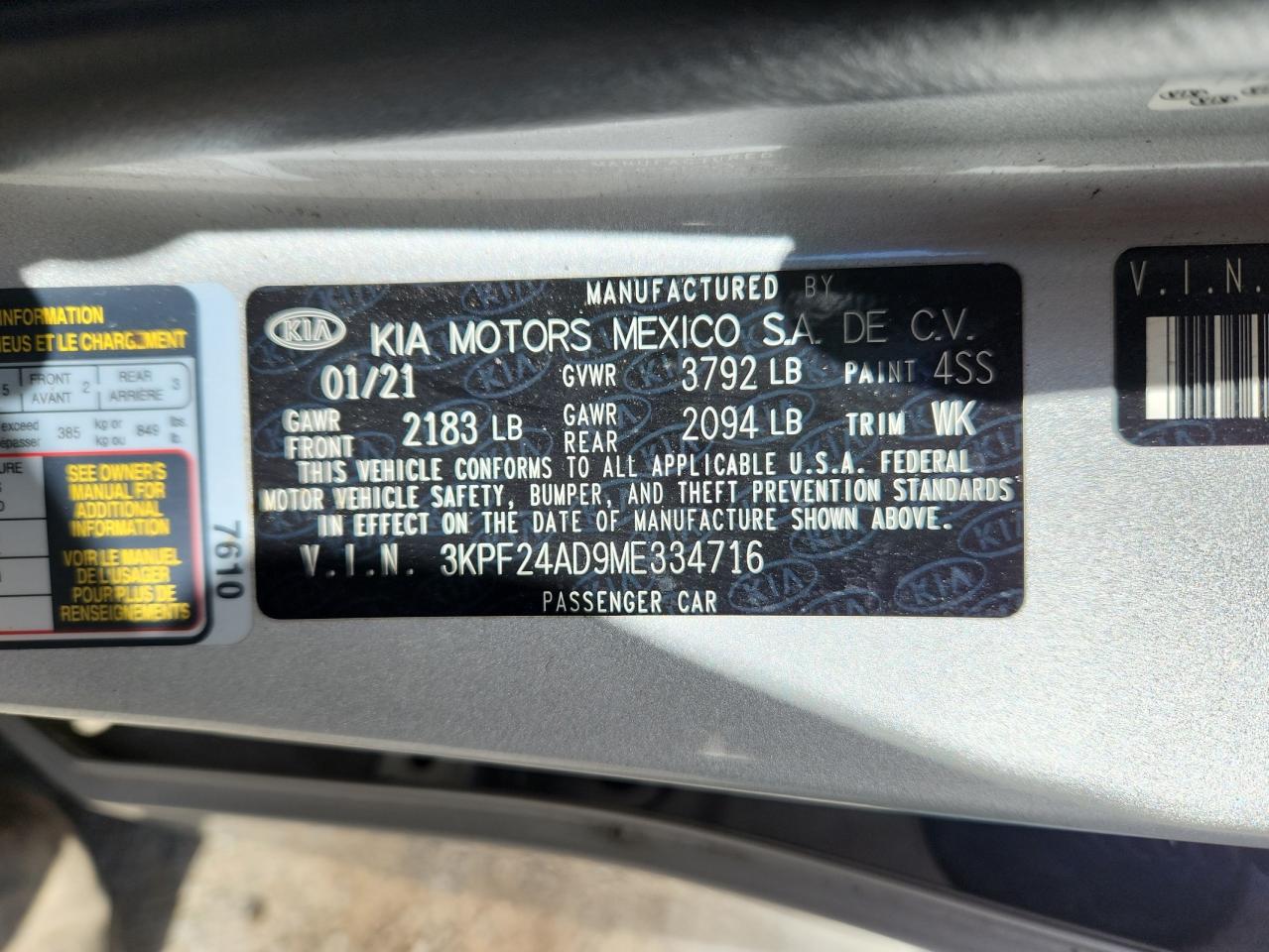 2021 Kia Forte Fe VIN: 3KPF24AD9ME334716 Lot: 91736425