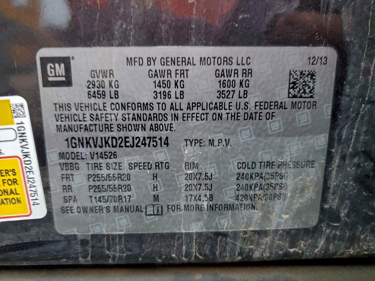 2014 Chevrolet Traverse Ltz VIN: 1GNKVJKD2EJ247514 Lot: 93660615