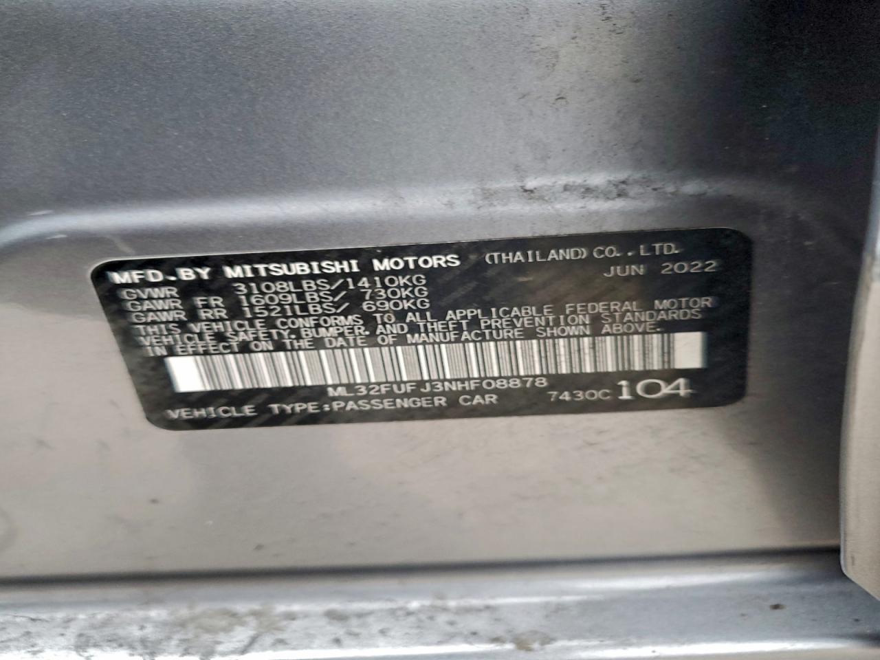 2022 Mitsubishi Mirage G4 Es VIN: ML32FUFJ3NHF08878 Lot: 93214845