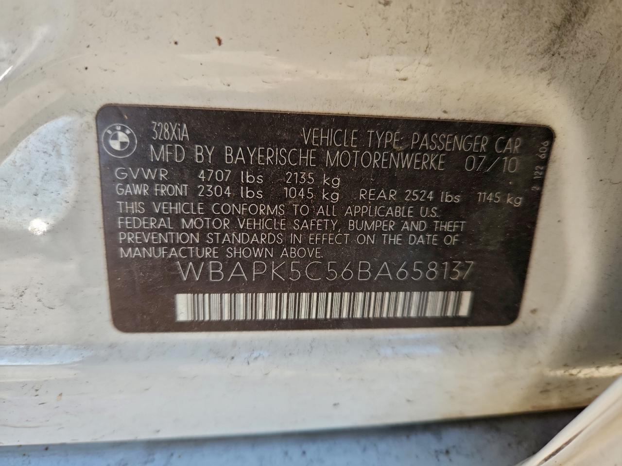 2011 BMW 328 Xi Sulev VIN: WBAPK5C56BA658137 Lot: 94779365