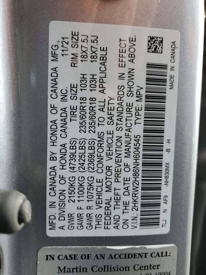 2022 Honda Cr-V Exl VIN: 2HKRW2H86NH604545 Lot: 92213435