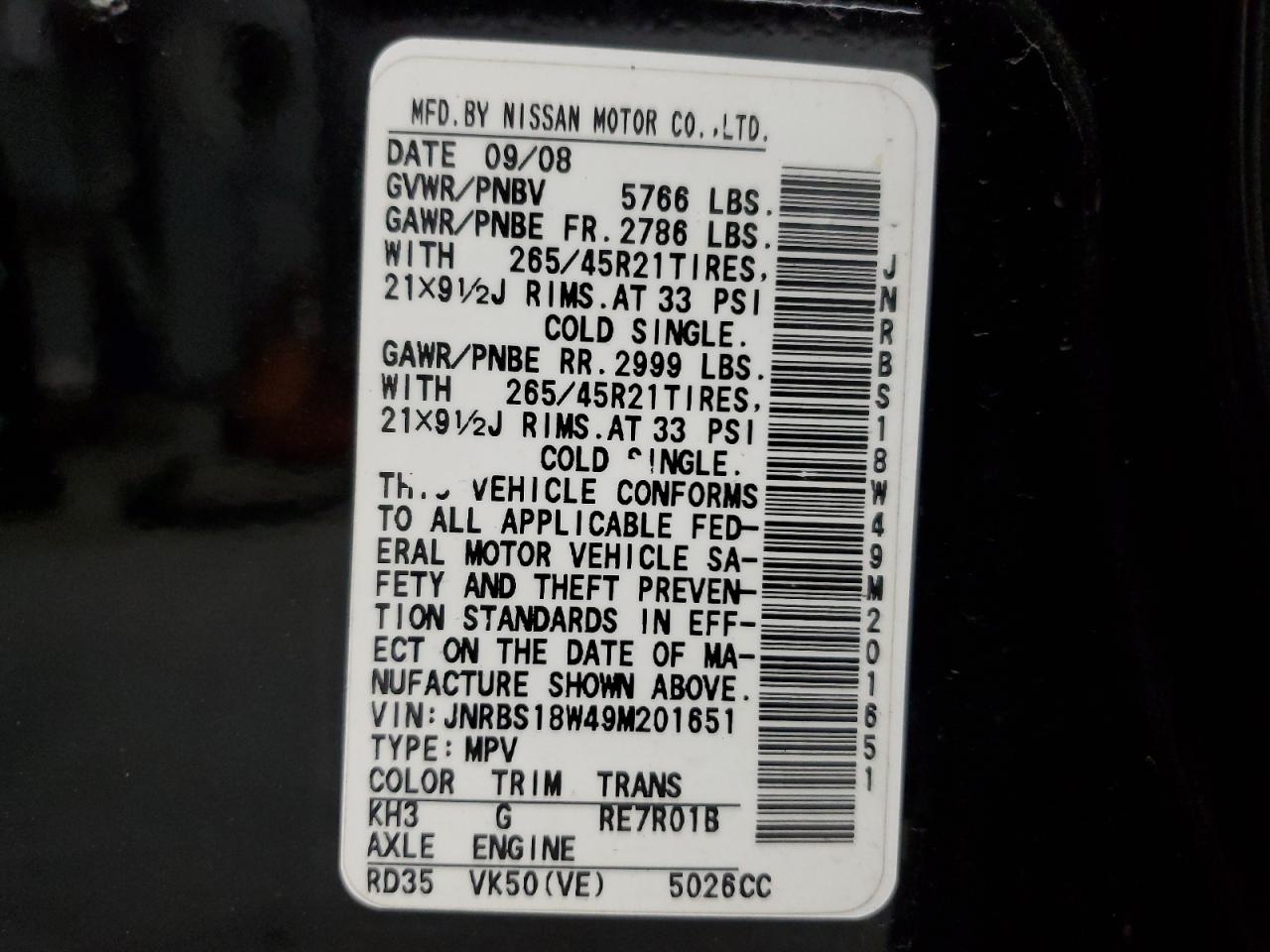 2009 Infiniti Fx50 VIN: JNRBS18W49M201651 Lot: 91312155