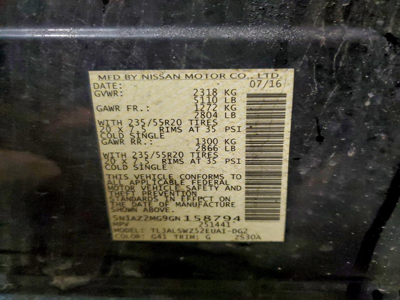 2016 Nissan Murano S VIN: 5N1AZ2MG9GN158794 Lot: 93701525