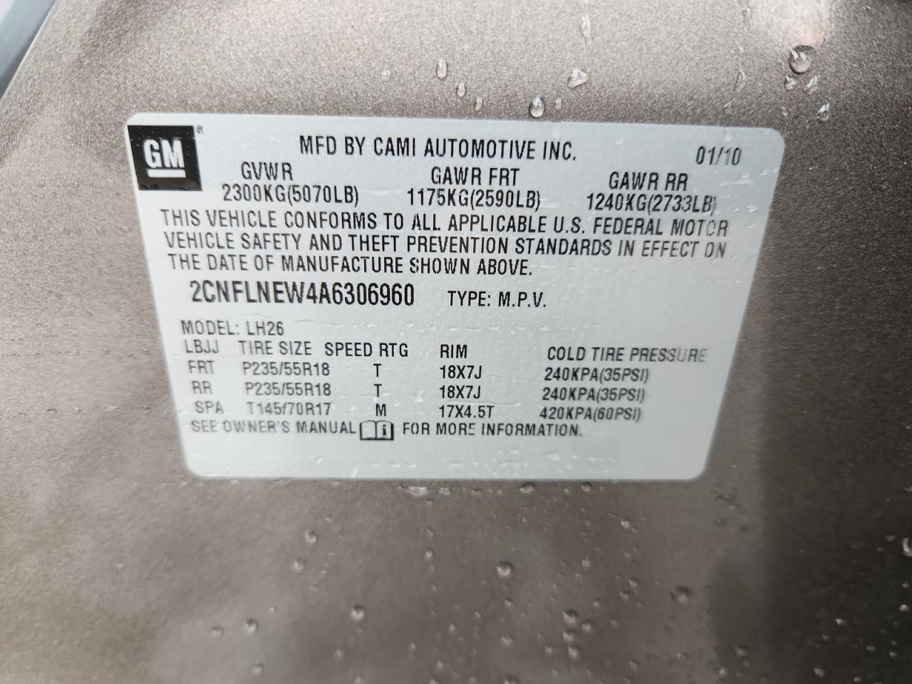 2010 Chevrolet Equinox Lt VIN: 2CNFLNEW4A6306960 Lot: 92114025