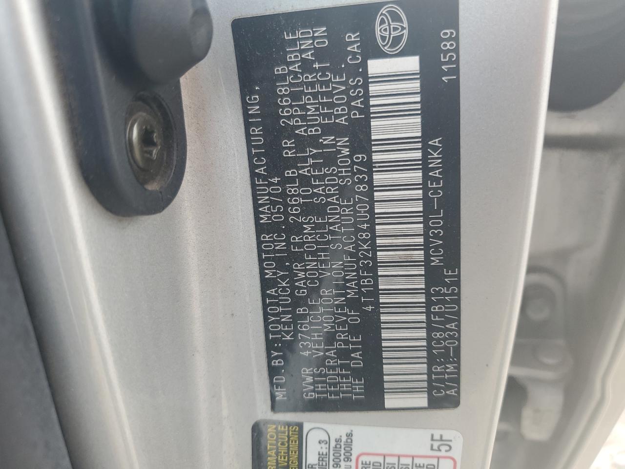 2004 Toyota Camry Le VIN: 4T1BF32K84U078379 Lot: 90955115