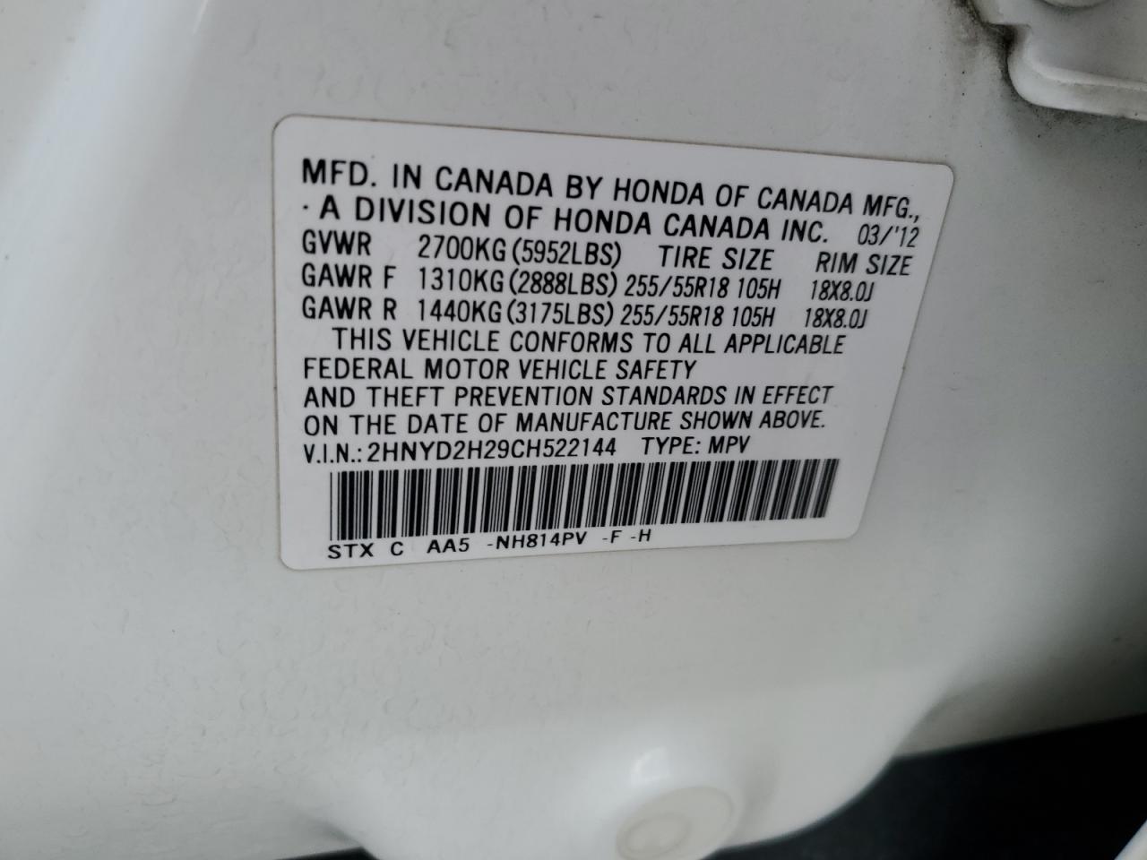 2012 Acura Mdx VIN: 2HNYD2H29CH522144 Lot: 90750105