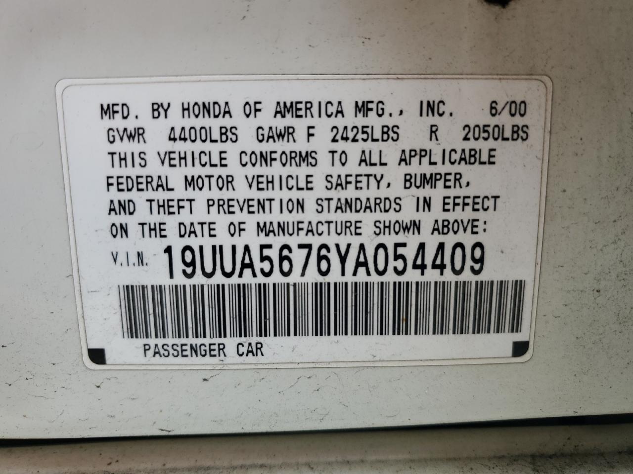 2000 Acura 3.2Tl VIN: 19UUA5676YA054409 Lot: 91051505