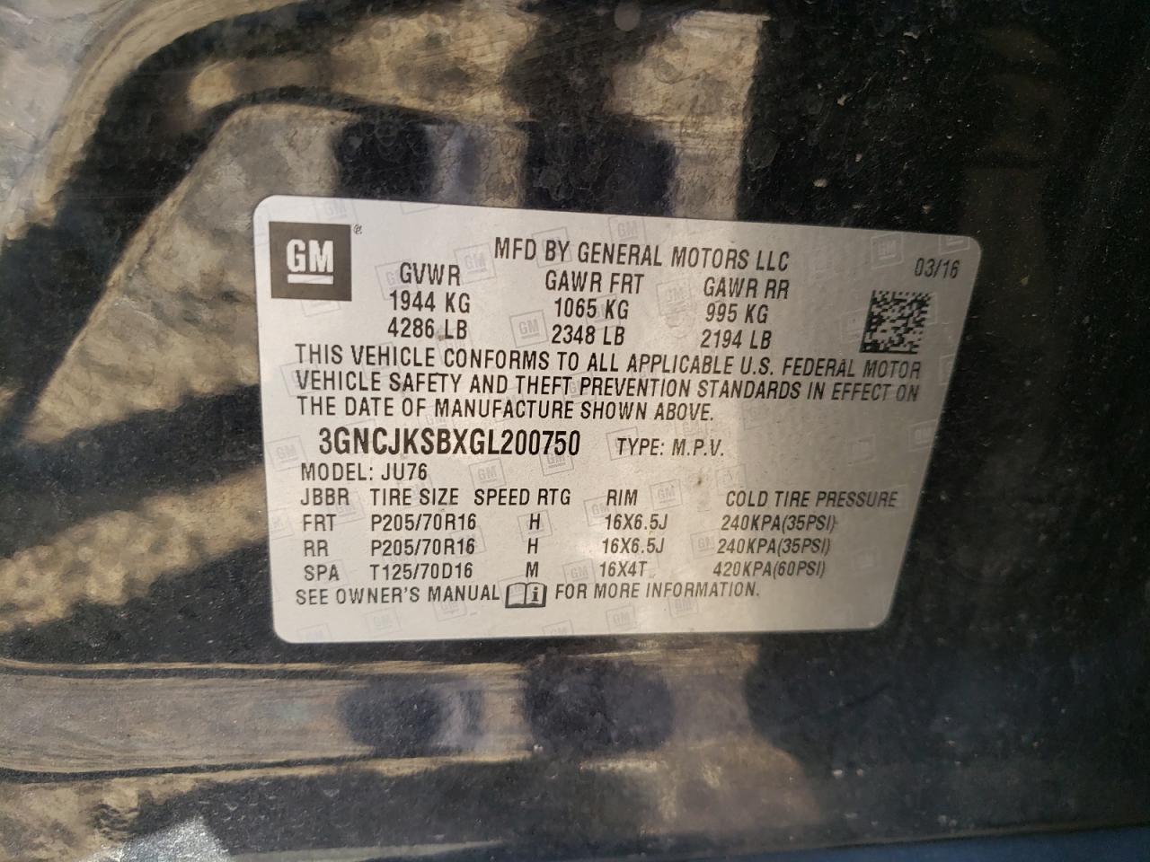 2016 Chevrolet Trax Ls VIN: 3GNCJKSBXGL200750 Lot: 91558085