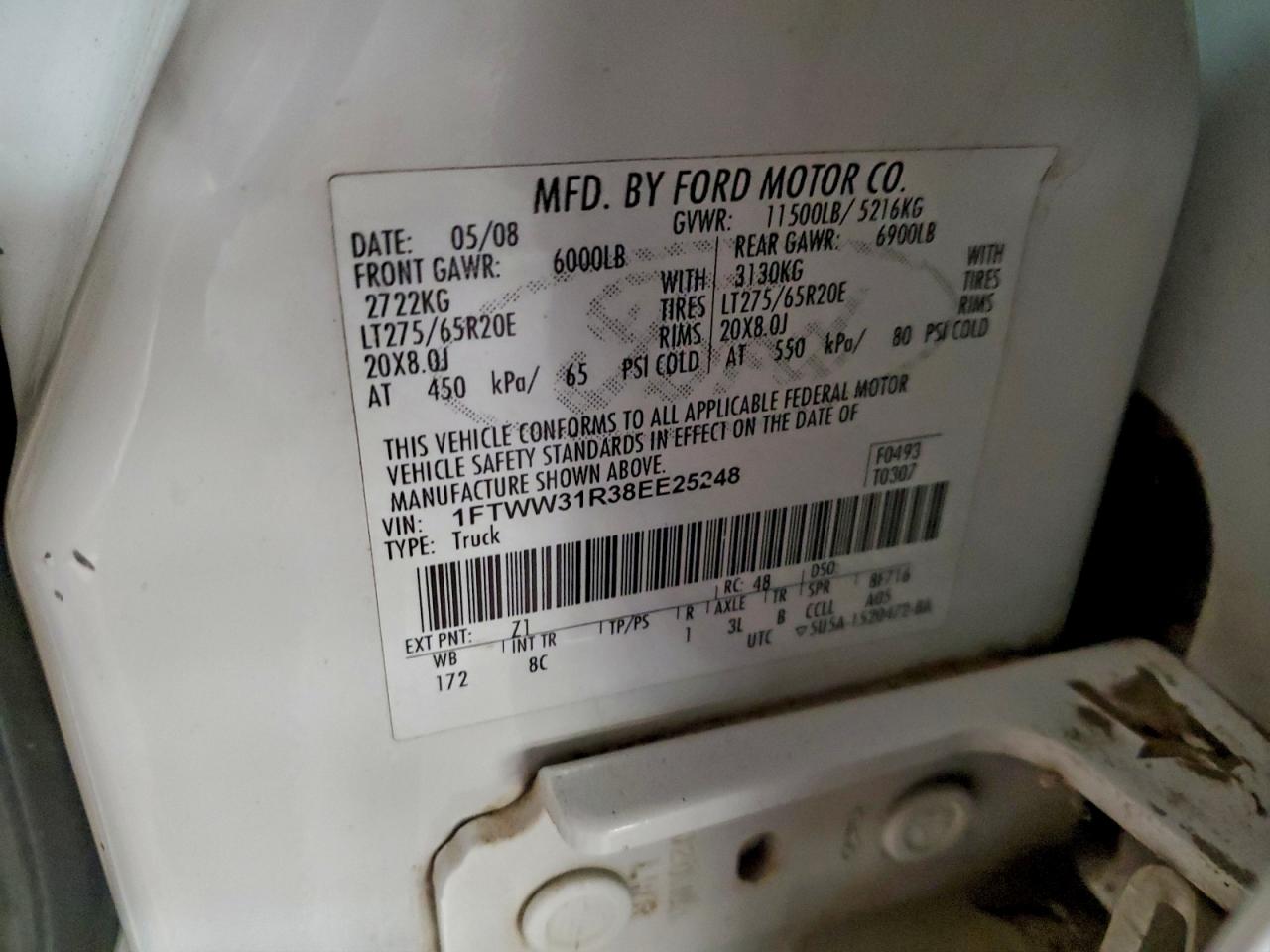 2008 Ford F350 Srw Super Duty VIN: 1FTWW31R38EE25248 Lot: 94537875
