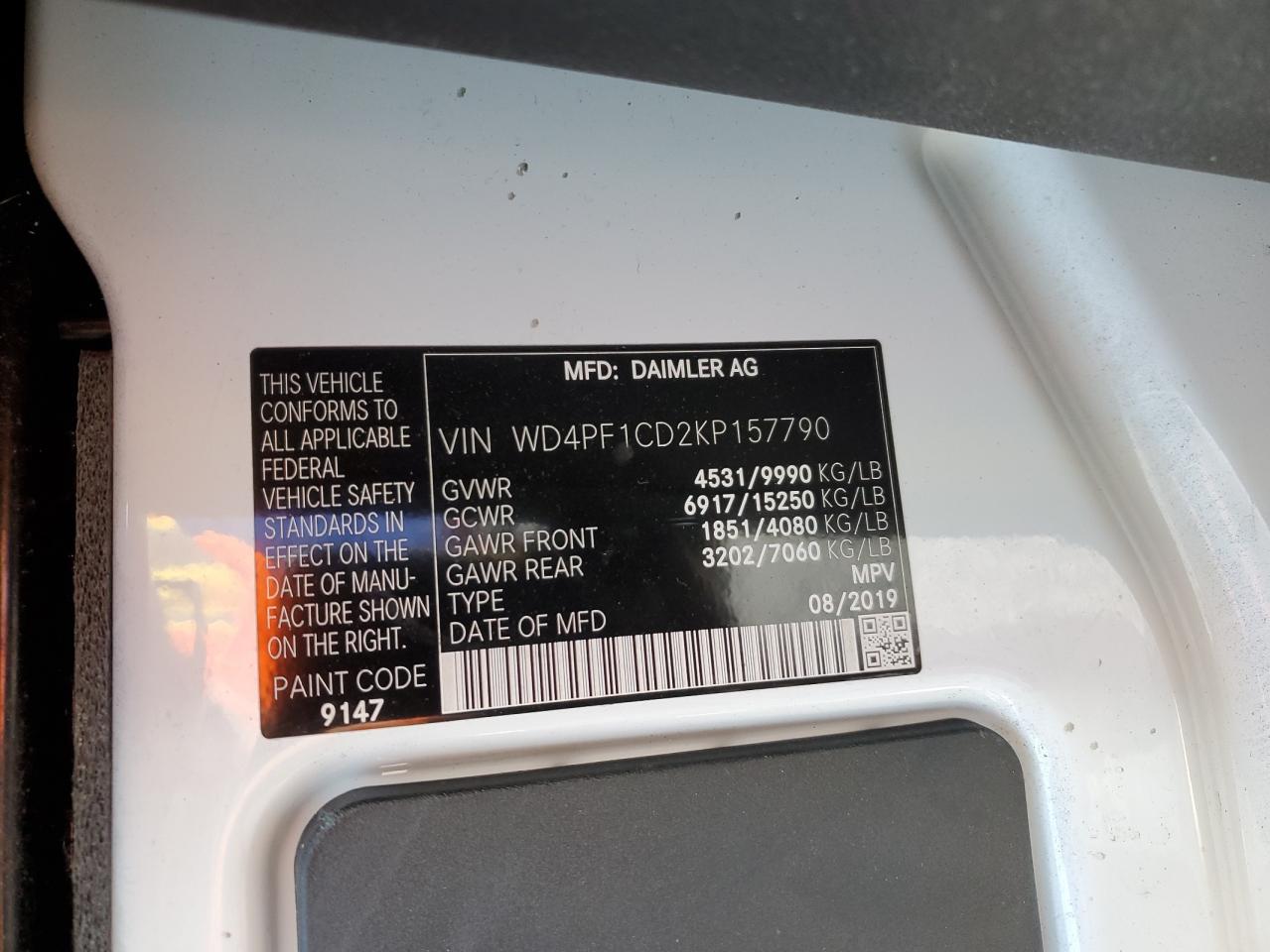 2019 Mercedes-Benz Sprinter 2500/3500 VIN: WD4PF1CD2KP157790 Lot: 91804205