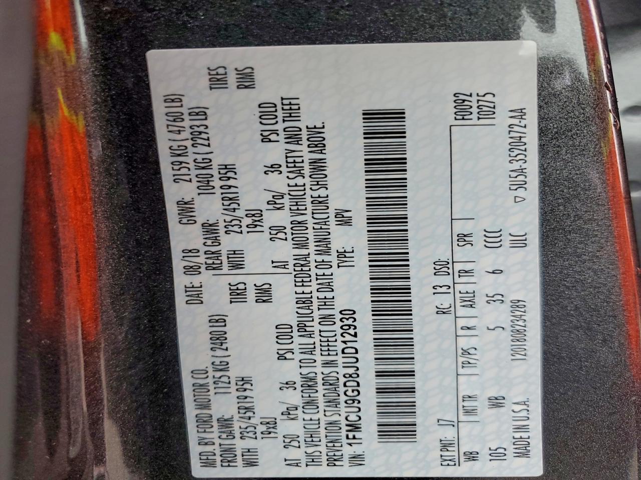 2018 Ford Escape Se VIN: 1FMCU9GD8JUD12930 Lot: 93832385