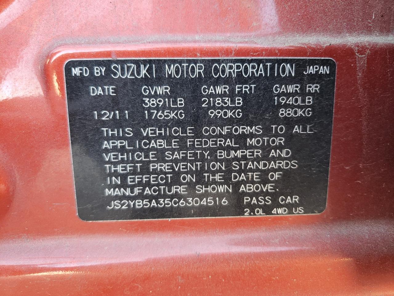 2012 Suzuki Sx4 VIN: JS2YB5A35C6304516 Lot: 91321075