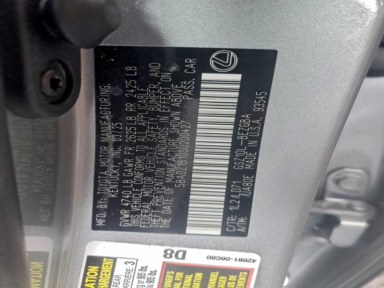 2025 Lexus Es 350 Base VIN: 58ADZ1B10SU200427 Lot: 94316255