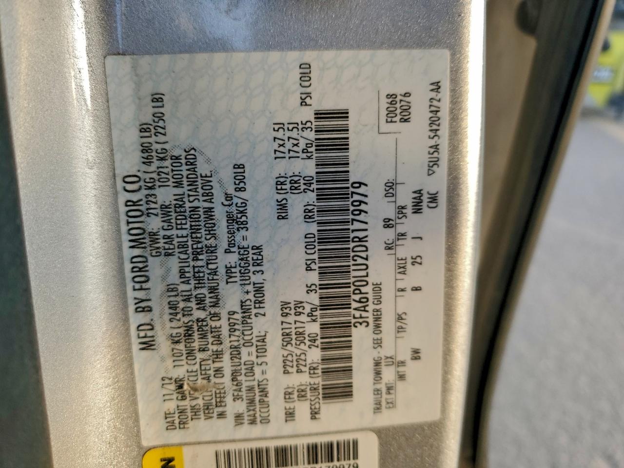 2013 Ford Fusion Se Hybrid VIN: 3FA6P0LU2DR179979 Lot: 93351705