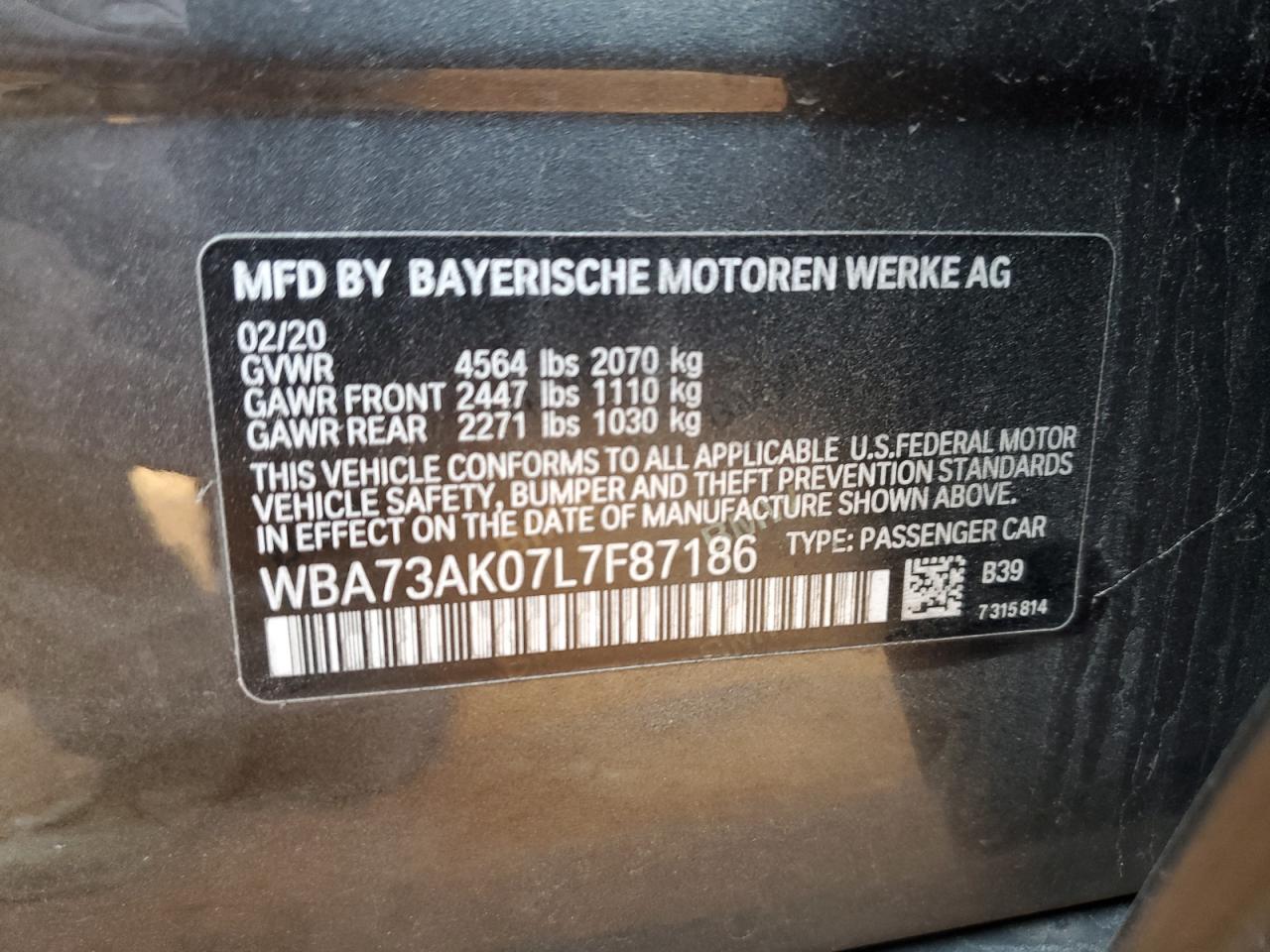 2020 BMW 228Xi VIN: WBA73AK07L7F87186 Lot: 92897255