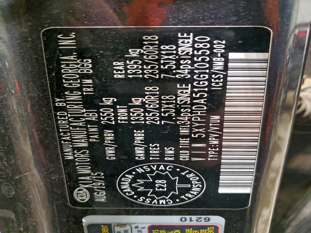 2016 Kia Sorento Ex VIN: 5XYPHDA51GG105580 Lot: 92981765